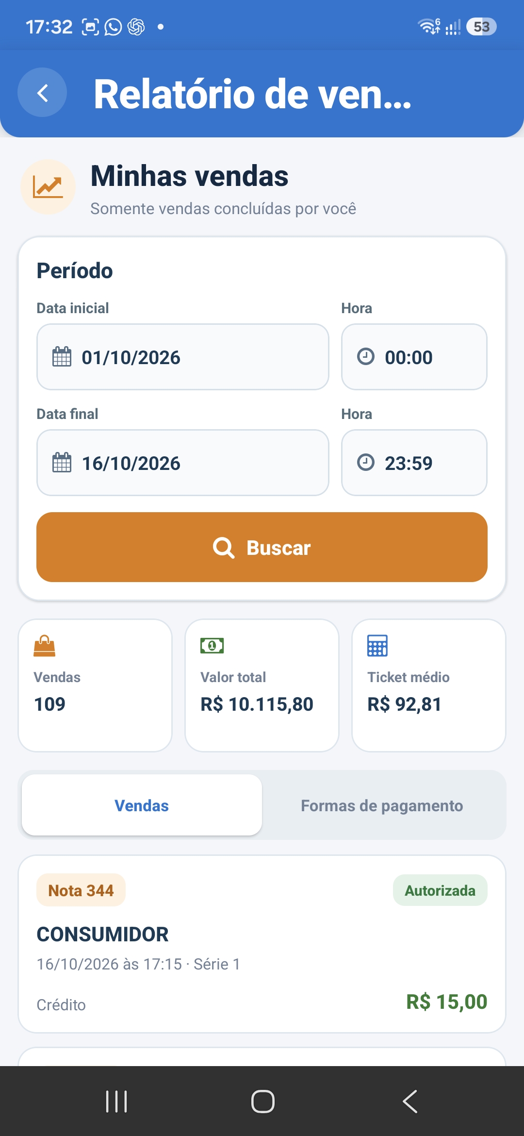 Histórico de vendas e notas autorizadas no aplicativo