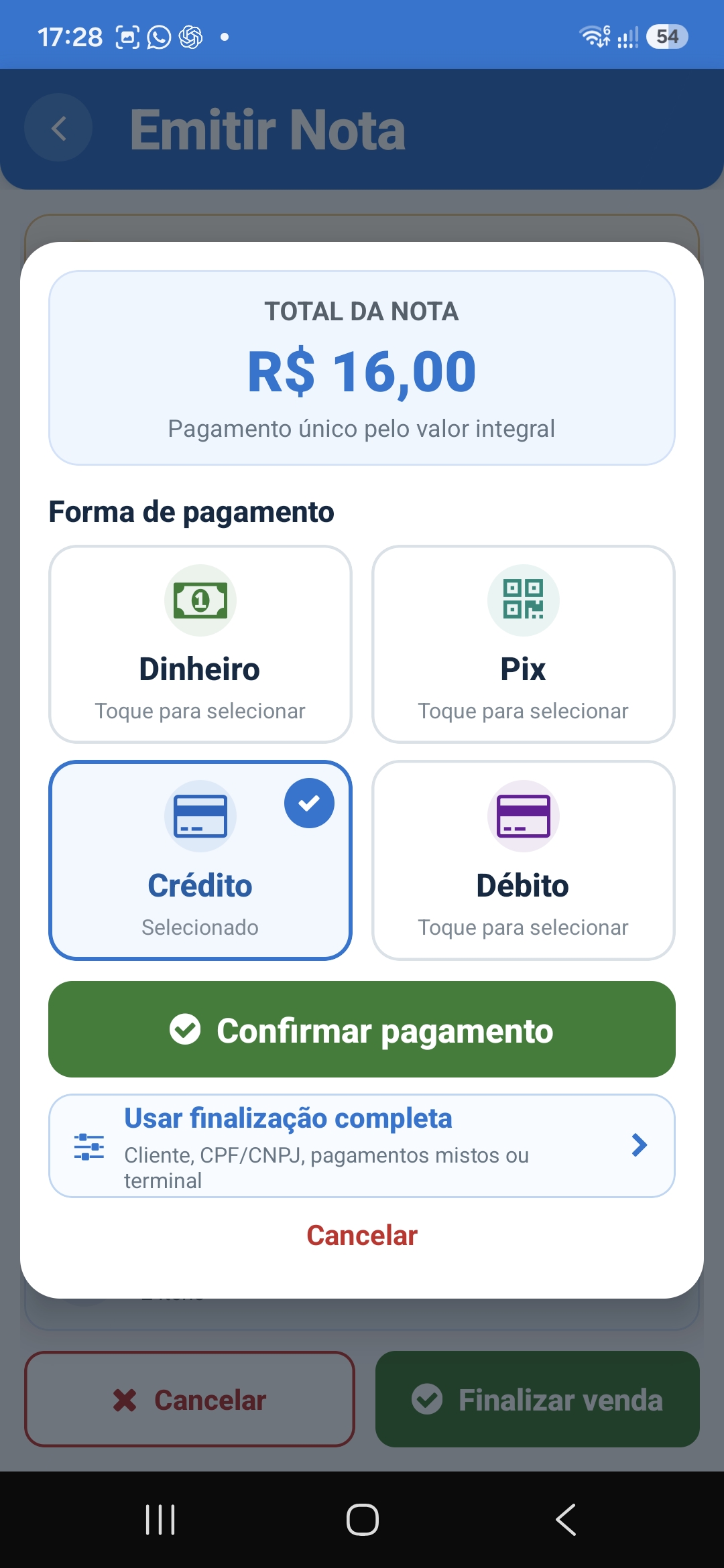 Tela real com escolha entre dinheiro, Pix, crédito e débito