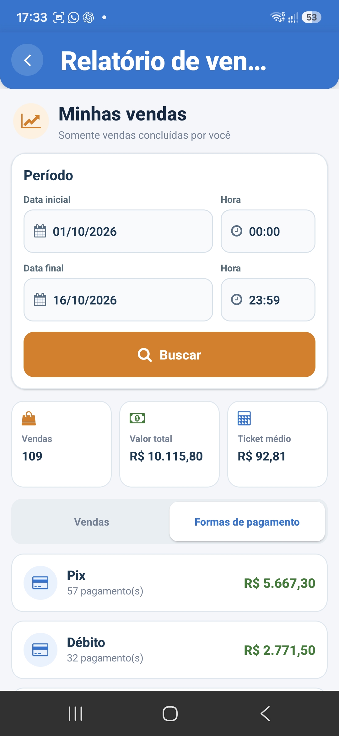 Relatório real do app com total vendido e formas de pagamento