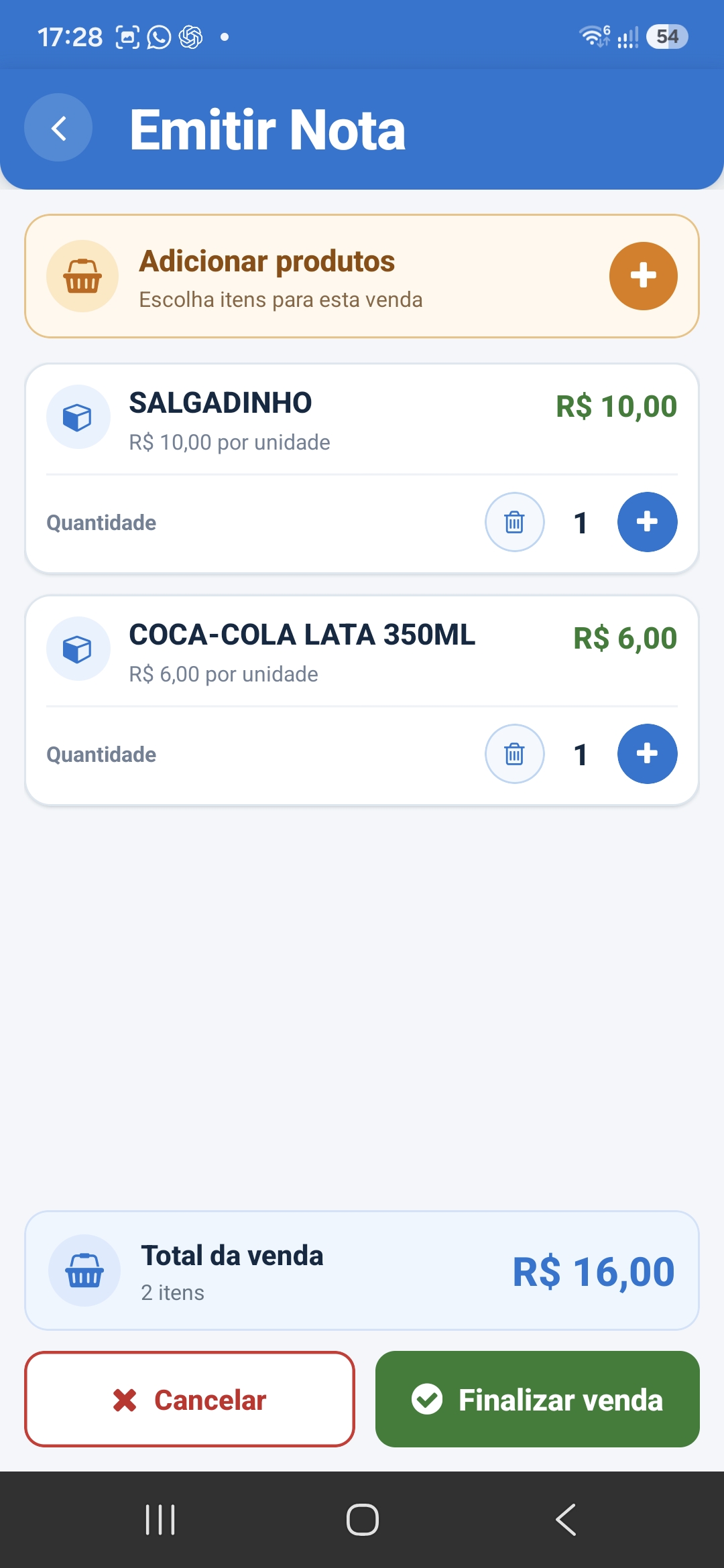 Tela real do Menu VIP com produtos e total da venda