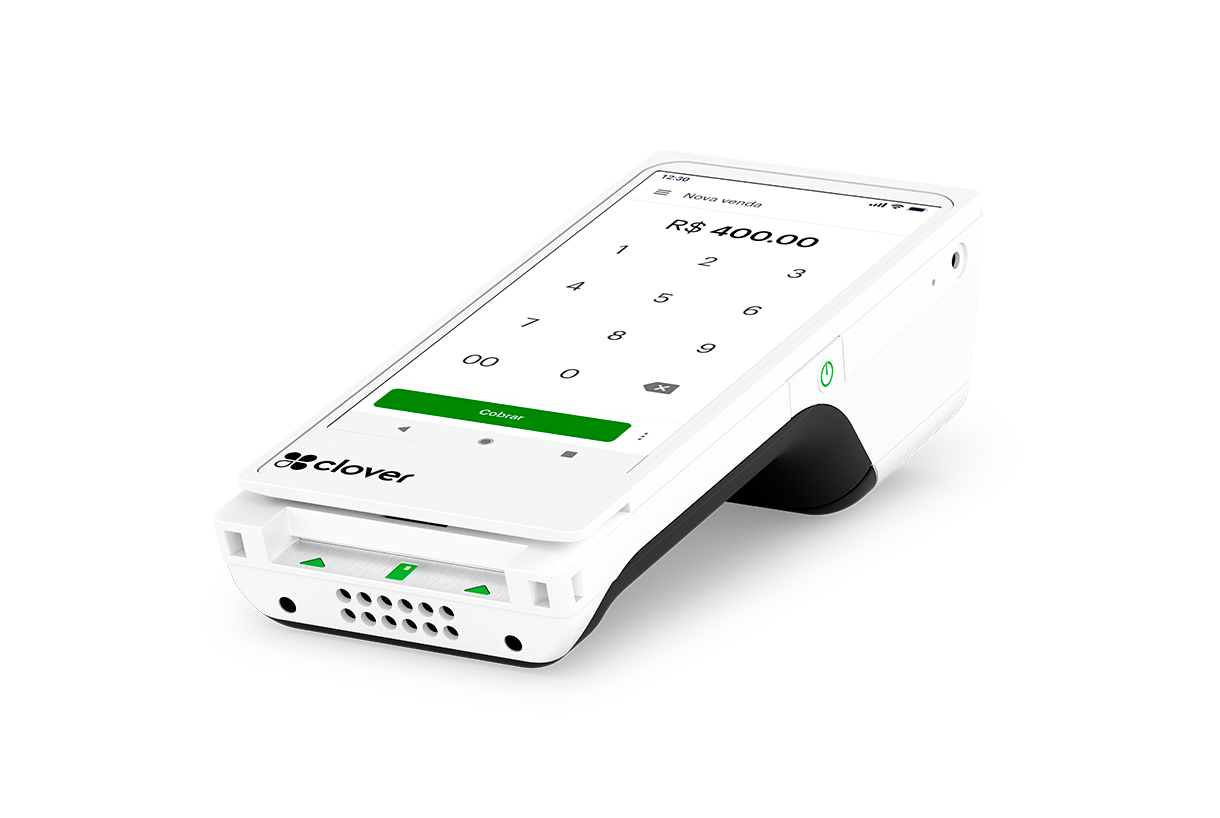 Máquina Clover Flex com uma demonstração do app Menu VIP na tela