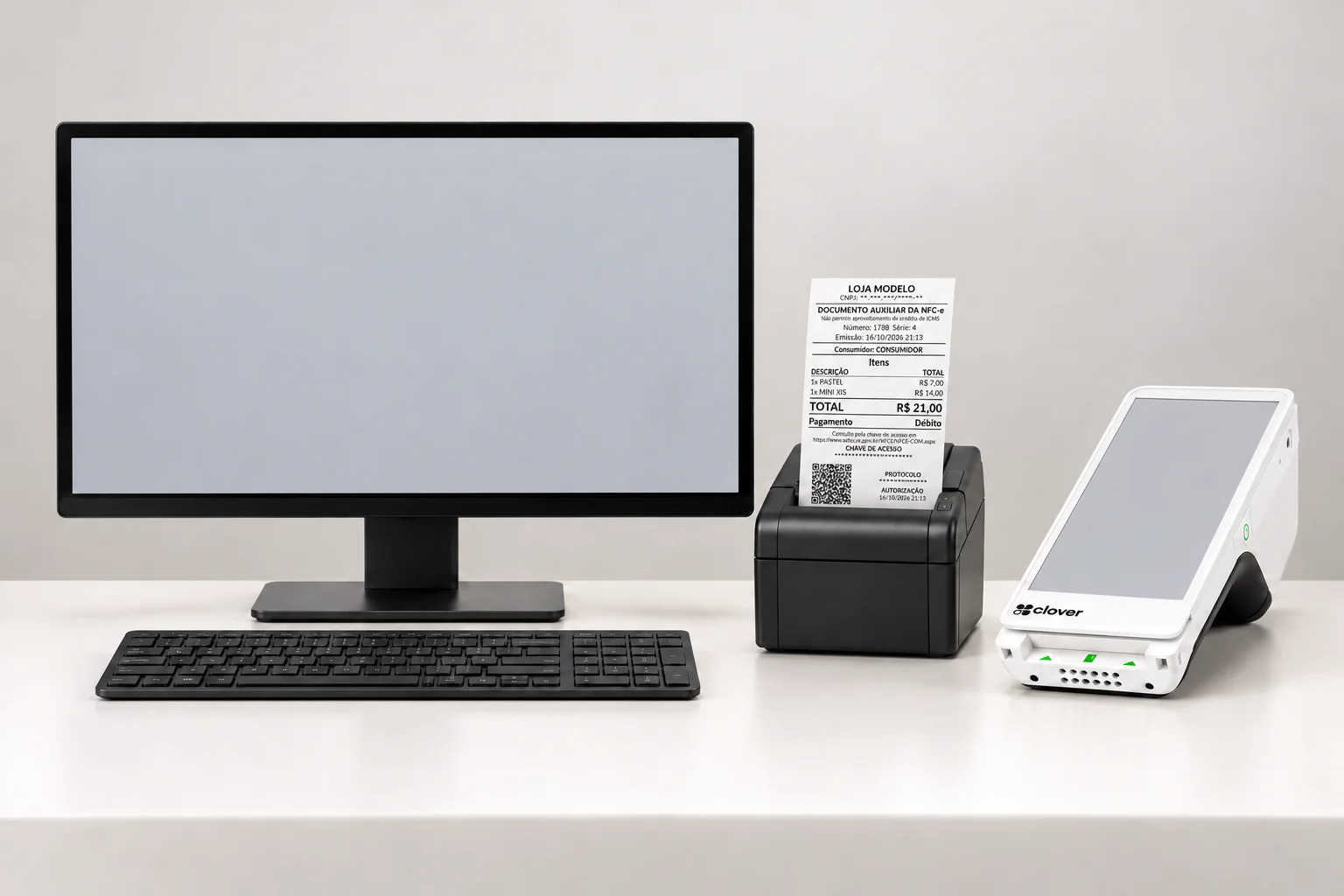 Computador com a tela real do PDV, impressora térmica imprimindo NFC-e e Smart POS Clover com Menu VIP, lado a lado