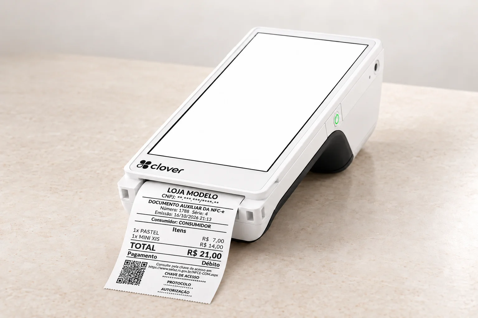 Composição demonstrativa da Smart POS Clover imprimindo uma NFC-e, com o Menu VIP na tela